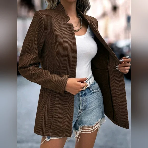 New Chic Classic Tweed Jacket Blazer Coffee Brown - Picture 5 of 8